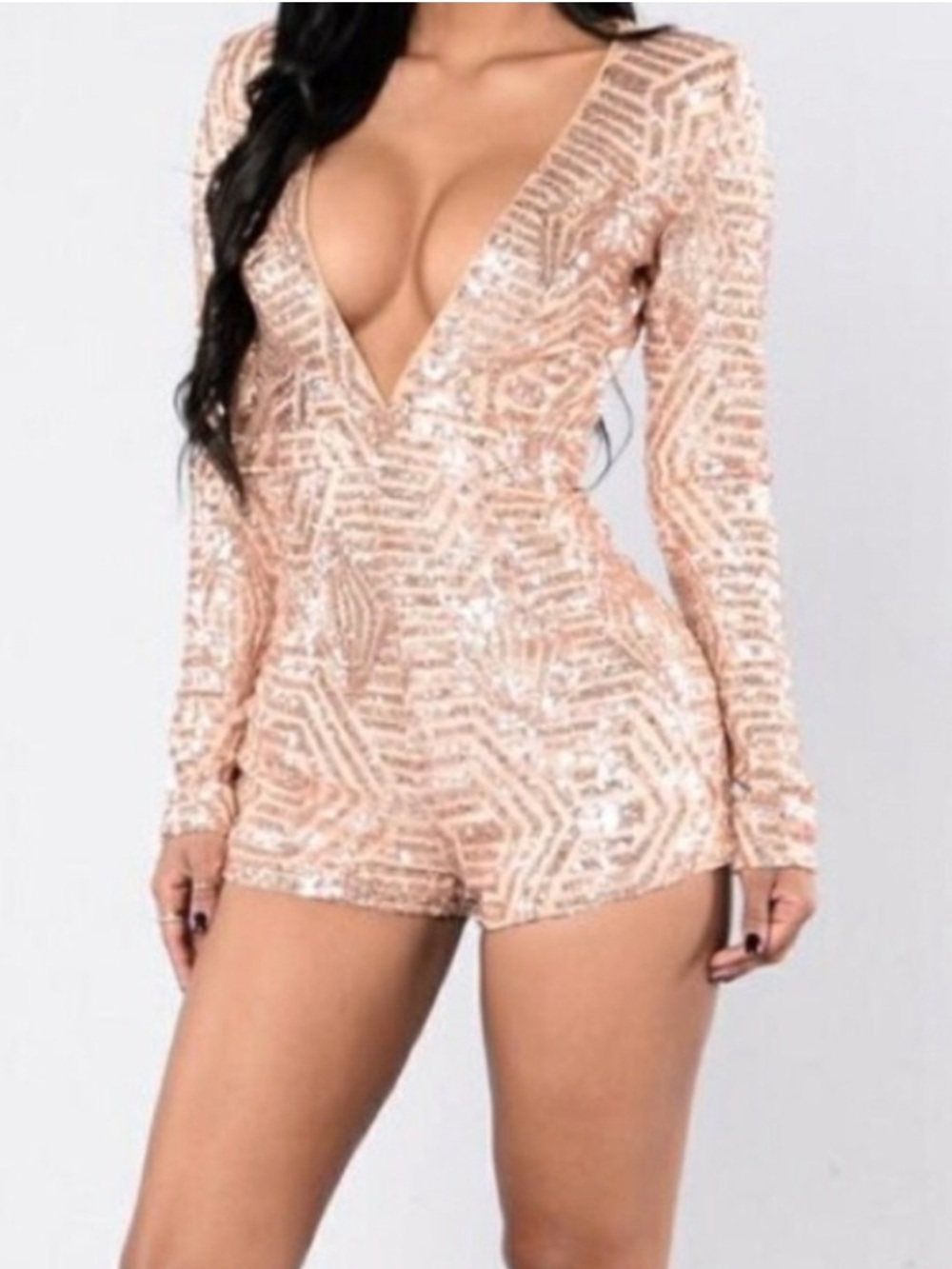 NWT Fashion Nova Flashy Ways Romper Rose Gold Sequined Romper Size L